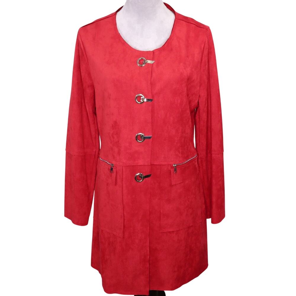 Feratelli Jacket Womens Medium Orange Faux Suede Long Blazer Clasps Close Career
